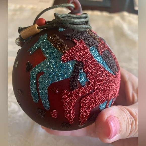 Vintage Burgundy Glass Ornament with Beaded Horses - Picture 3 of 7